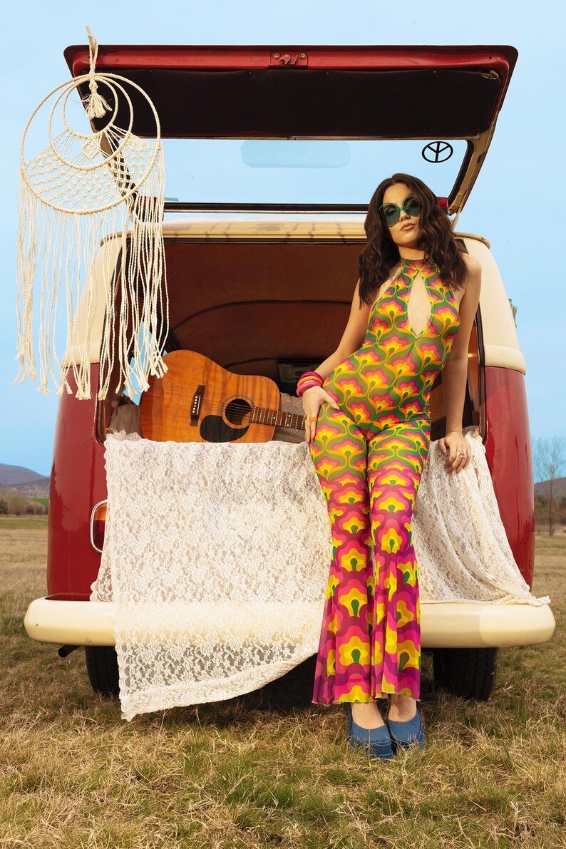 Halter Hippie Romper, Hippie Bell Bottoms Romper Women, Boho Halter Romper, Boho Rave Roper Women, 80's Fashion Women, Boho Chick Clothes image 6