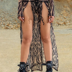 Festival Tied Slit Skirt, Burning Man Clothing, Mesh Cutout Skirt Women, Women Festival Wear, Tribal Rave Outfit, Mesh Slit Skirt For Woman