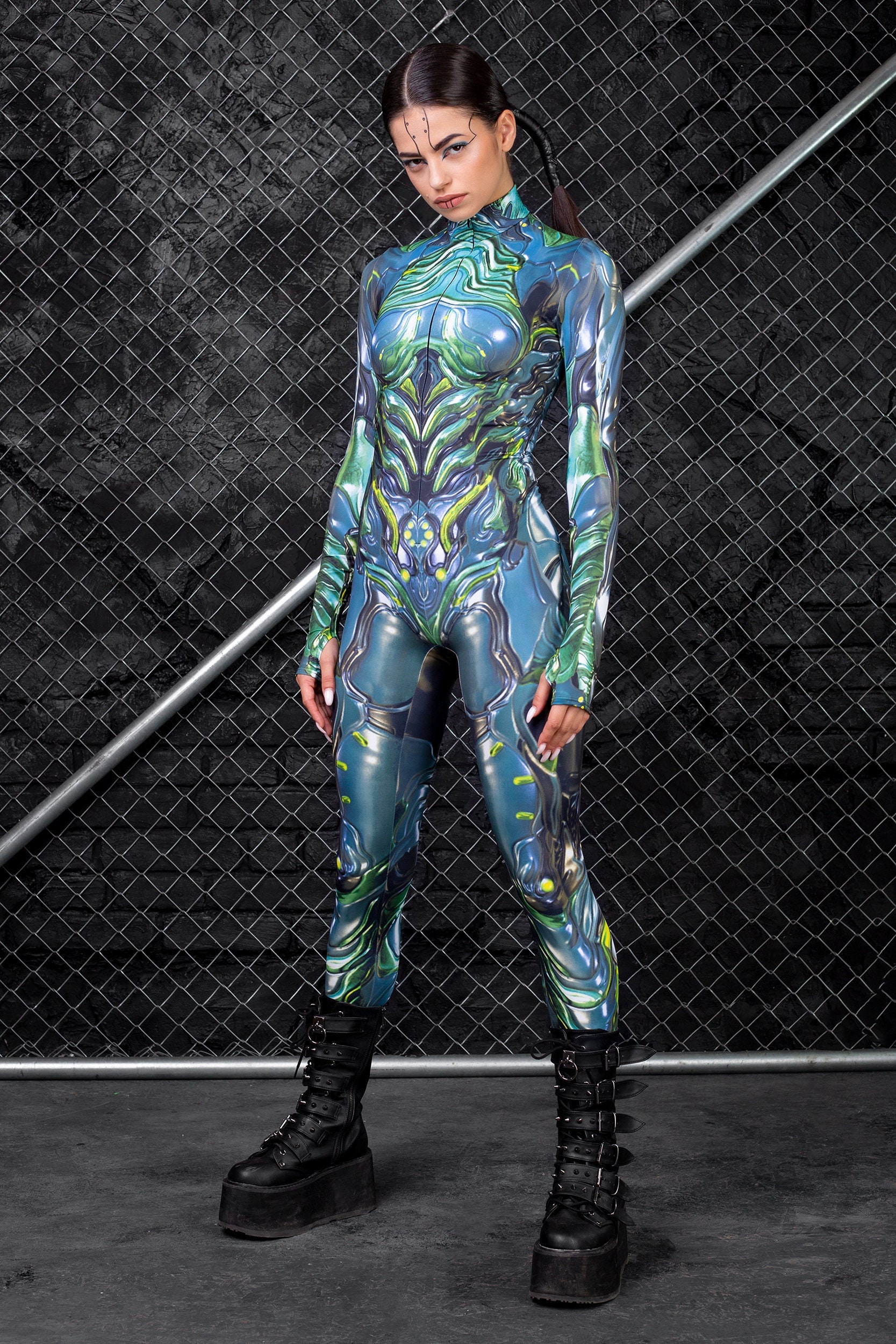 SOMSOC 4 Pieces One Piece Women Alien Bodysuits Costume Metallic Mock Neck Unitard Zipper Alien Halloween Costume Headband Glasses Glitter Large%2f