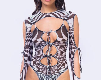 Black And White Rave Set, Women Rave Checkered Set, Mesh Cutout Bodysuit Set, Psychedelic Outfit, Cutout Rave Outfit, Trippy Women Rave Wear