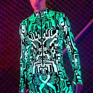 Abbigliamento Cyber da uomo, Abbigliamento futuristico, Tuta verde neon da uomo, Costume reattivo alla luce UV, Tuta da rave da uomo, Costume da festival da uomo