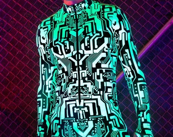 Cyberkläder för män, futuristiska kläder, grön neonbody för män, UV-ljusreaktiv kostym, ravebody för män, festivalkostym för män