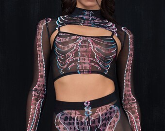 Halloween Skeleton Top, Halloween Mesh Crop Top, Mesh Shrug Top, Halloween Bolero, Halloween Long Sleeve Top, Womens Halloween Mesh Top