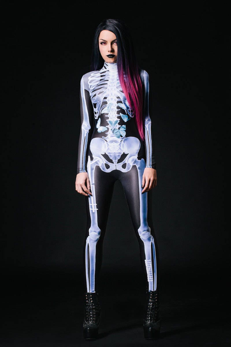 Womens Snazzy Skeleton Fancy Dress Costume Skeleton Bodysuit 