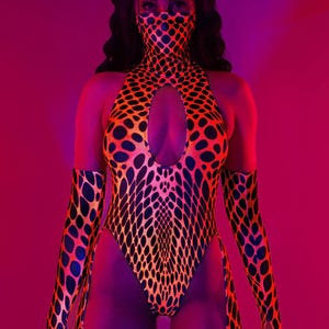 Festival Bodysuit For Women, UV Glow Catsuit, Festival Costume, Neon Orange Catsuit, UV Light Reactive Bodysuit, Rave UV Outfit For Women