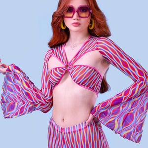 Festivaldisco-outfit vrouwen, retro-outfit wijde pijpen, outfit disco party dames, hippie-outfitset, wijde pijpenbroek dames, crop top vrouwen
