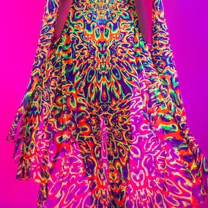 Regenbogen Open-Front Rave Rock, UV-aktive Kleidung, Netzrock Frauen, Transparenter Rock, UV-reaktiver Netzrock, Psychedelischer Festival Rock