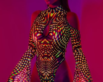 UV Glow Bodysuit, Rave Outfit Woman, Cutout Bodysuit Women, Disco Neon Bodysuit, UV Light Reactive Bodysuit, Festival Bodysuit For Women
