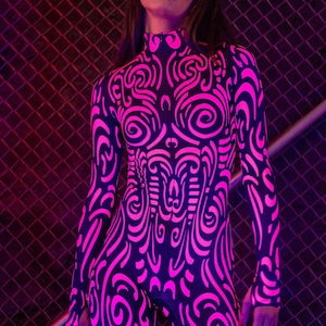 Neon Clothing, UV Light Reactive Costume, Pink Bodysuit, Rave Bodysuit Women, Festival Costume Women, Neon Party Costume, Rave Bodysuit