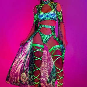 UV Green Maxi Sleeve Top Woman, UV Reactive Rave Crop Top, Mesh Rave Clothing, Festival Cutout Women Top, Festival Party Outfit For Women