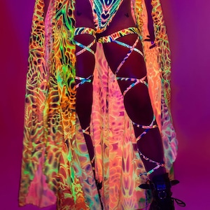 Mesh-Rock mit offener Vorderseite, UV-reaktiver Mesh-Rock, Festival-Kostüm Frau, Rave-Party-Kleidung, Psychedelischer Frauen-Mesh-Rock, Transparenter Rock