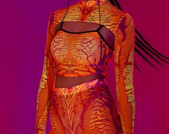 Rave Mesh Top, UV Reflective Shrug Top, Mesh 2 Piece Shrug Top, Psychedelic Top, Transparent Top Woman, Neon Outfit For Women, Festival Top