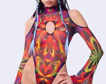 Black Cutout Rave Bodysuit, Red Festival Bodysuit Women, Rave Party Mesh Bodysuit, Mesh Rave Outfit Woman, Psychedelic Bell Sleeve Bodysuit