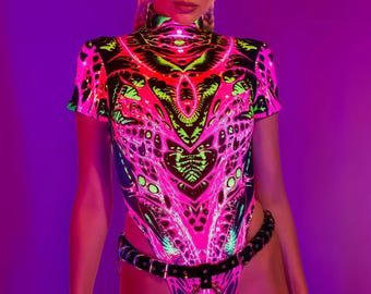 Psychedelic Cutout Back Bodysuit Woman, Festival Bodysuits Woman, Woman Rave Wear, Cutout Bodysuit For Woman, Psychedelic Cutout Bodysuit