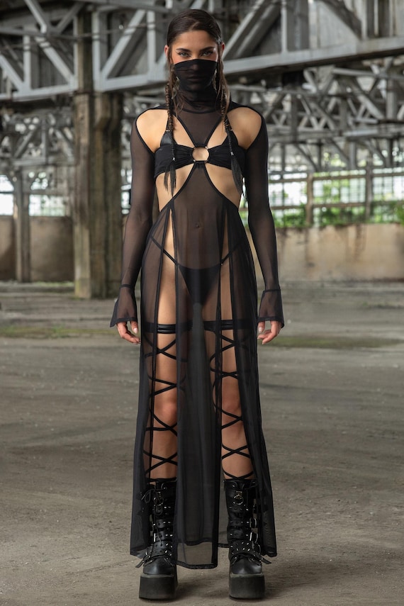 sexy black mesh dress Black Mesh Sheer Button Up Mini Dress main image 1