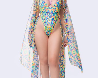 Fairy Rave Wear, Festival Skirt Set, Rainbow Winged Costume, Butterfly Rave Bodysuit Set, UV Reactive Clothing, UV Reactive Mesh Outfit