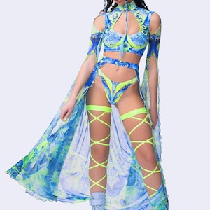 Festival Mesh Skirt Set, Yellow UV Reactive Costume Woman, Rave Party Set For Women, Festival Clothing, UV Rave Wear, Women Festival Outfit