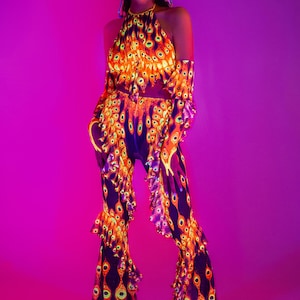 UV Light Rave Set For Women, Rave Wear Mesh Purple Pants Set, UV Reactive Festival Outfit, Psychedelic Rave Set, UV Light Rave Clothing