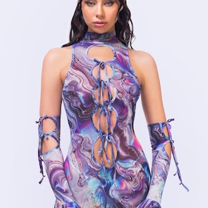 Ausgestellter Ärmel Overall, Silber Festival Outfit, Cutout Bodysuit, Mesh Rave Bodysuit Frauen, Rave Outfit Set, Ausgestelltes Handschuhe Set, Rave Kostüm