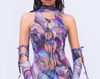 Mono de manga acampanada, traje de festival plateado, mono con aberturas, mono de malla para rave para mujer, conjunto de atuendo para rave, conjunto de guantes acampanados, disfraz para rave