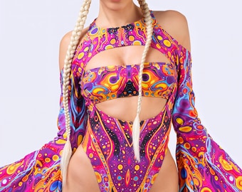 Psychedelic Mesh Keyhole Bandeau Bodysuit, Rave Keyhole Bodysuit, Rave Clothing For Women, Psychedelic Outfit, Rave Bandeau Bodysuit Woman