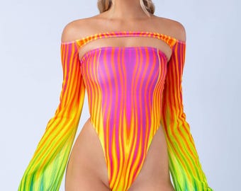 Rave Disco Neon Bodysuit, UV Light Revlective Bodysuit, Rave Bodysuit, Mesh Shrug For Women, Festival Bodysuit Women, Festival Outfit Women