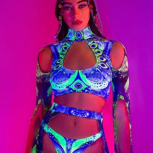 Yellow Maxi Sleeve Festival Top For Women, UV Mesh Rave Clothing, Festival Mesh Cutout Top, UV Reactive Top Woman, Psychedelic Rave Crop Top