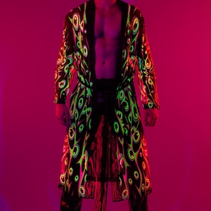Rave Mesh Robe, UV Light Reactive Unisex Robe, Psychedelic Festival Robe, Rave Outfit For Woman, Unisex Disco Clothing Woman, Festival Robe
