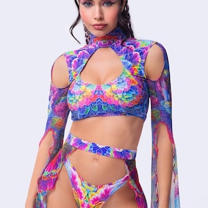 Rainbow Festival Cutout Top, Psychedelic Rave Crop Top, UV Mesh Rave Clothing, Festival Party Outfit, UV Reactive Maxi Sleeve Top Woman