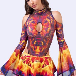 Fairy Mesh Flared Bodysuit, Rave Flared Bodysuit For Women, Fairy Clothing For Women, Mesh Bodysuit For Women, Festival Fairy Wear Woman