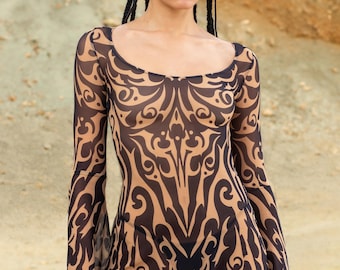 Vestido corto de malla para festival, atuendo rave para mujer, ropa Burning Man, disfraz transparente, vestido minimalista para mujer, atuendo para festival.