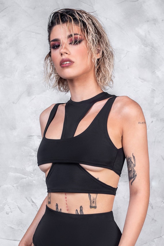 Black Crop Top, Rave Top, Techno Top, Festival Top, Sexy Festival Outfit,  Rave Set, Festival Outfit Woman, Rave Outfit Woman, Rave Shorts 