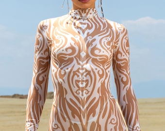 Rave romper met witte mesh, Burning Man-kostuum, doorschijnende festivalcatsuit, dierenprint mesh kleding, psychedelische outfit, mesh festivalkostuum