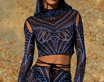 Siatkowa bluzka z kapturem damska, festiwalowa bluzka disco, siatkowa bluzka damska, strój Burning Man damska, odzież Rave, bluzka z długim rękawem, strój festiwalowy damska