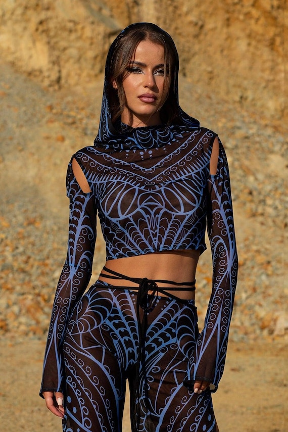 Mesh Hooded Top Woman, Festival Disco Top, Mesh Top Woman, Burning Man Outfit Woman, Rave Clothing, Long Sleeve Top, Festival Outfit Woman