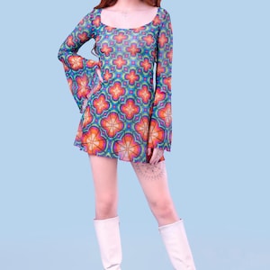 Boho Sheer Mini Dress For Women, See Trough Festival Dress For Women, Womens Mesh Retro Dress, Sheer Hippie Dress, Transparent Dress Women