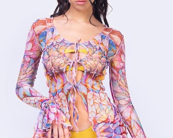 Kimono feminino rosa transparente para rave, quimono longo de malha com mangas flare para festivais, quimono transparente, quimono feminino evasê, roupa de malha para festivais, roupão para rave