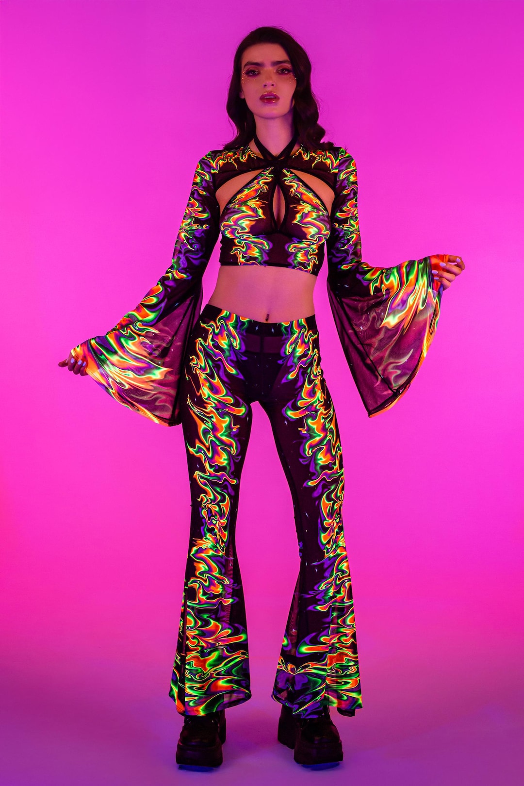 UV Mesh Rave Outfit, Festival Flared Set, Rave Mesh Set, Mesh Bell ...