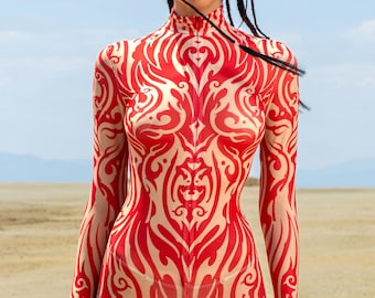 Red Mesh festivalkostuum, Burning Man-outfit vrouwen, rave pure catsuit, romper met tribal print, psychedelische kleding, rave mesh-outfit vrouw