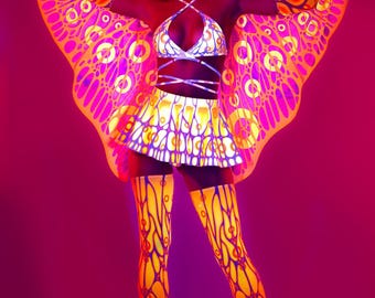 UV Reflective Wings, Unique UV Wings Woman, UV Light Outfit Women, Women Mesh Wings, Cosplay Clothing For Woman, Mesh Neon Wings For Woman