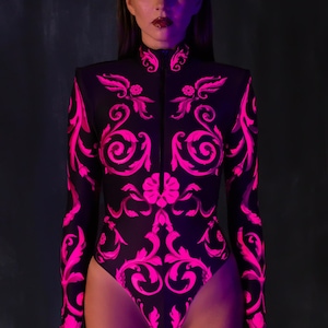 UV Glow Bodysuit, Festival Costume, Pink Neon Bodysuit, UV Light Reactive Bodysuit, Rave Bodysuit For Women, UV Reactive Rave Clothing Women