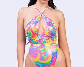 Shiny Front Cross Bodysuit, Sexy Rave Wear, Butterfly Festival Bodysuit, Celestial Halter Bodysuit, Festival Fairy Costume, Women Rave Wear