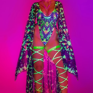 Butterfly Festival Set, Open-Front Skirt Set, Psychedelic Winged Costume, UV Reactive Clothing, UV Reactive Mesh Outfit, Rave Wear For Women