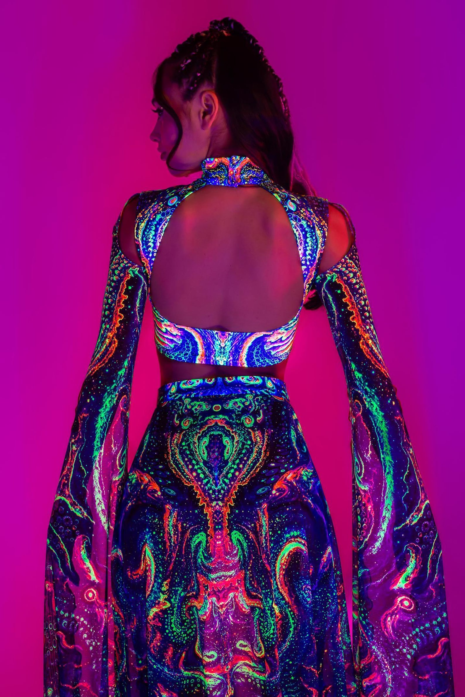 UV Reactive Festival Cutout Top, Blue Maxi Sleeve Top Woman, UV Mesh ...