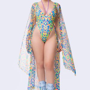 Fairy Rave Wear, Festival Skirt Set, Rainbow Winged Costume, Butterfly Rave Bodysuit Set, UV Reactive Clothing, UV Reactive Mesh Outfit