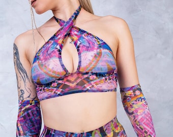 Rave Outfit, Festival Set, Summer Festival Top, Mesh Top, Rave Top, Mesh Crop Top, Transparent Long Sleeve Top, Rave Set, Festival Outfit