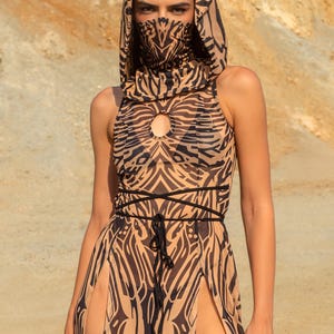 Hooded Mesh Festival Dress Woman, Rave Clothing For Women, Burning Man Outfit, Sheer Costume, Cyber Clothing Woman, Festival Party Dress