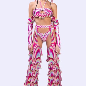 Ruffled Rave Chaps Set, Shiny Rave Outfit, Festival Fairy Set, Pride Party Outfit, Women Rave Set, Festival Clothing Women, Rainbow Rave Set