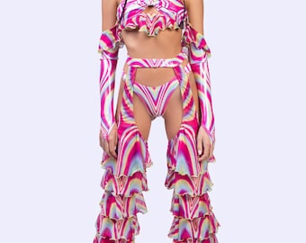 Ruffled Rave Chaps Set, Shiny Rave Outfit, Festival Fairy Set, Pride Party Outfit, Women Rave Set, Festival Clothing Women, Rainbow Rave Set