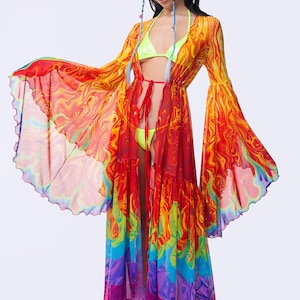 Rainbow Mesh Festival Duster, Sheer Rave Kimono Women, Festival Transparent Kimono, Flared Kimono For Women, Festival Mesh Outfit, Rave Robe